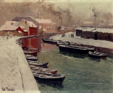  Frits Maler - Ein Snowy Harbo Impressionismus norwegische Landschaft Frits Thaulow Fluss